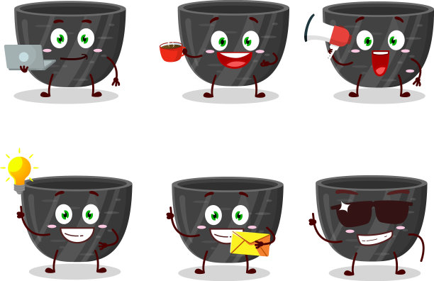 黑色陶瓷碗里有各种卡通人物图片下载