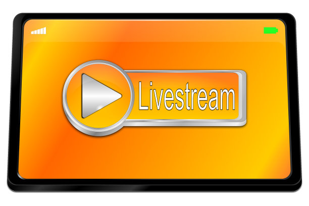 带有橙色Livestream按钮的平板电脑- 3D插图图片下载