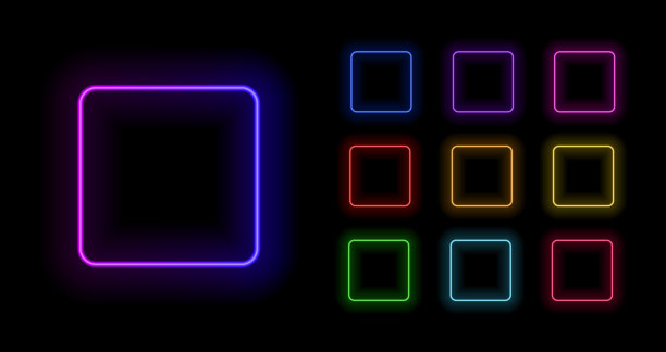 矢量集霓虹灯正方形框架，彩色插图，空白框架隔离在黑色背景，不同的颜色，闪光线，梯度颜色和彩虹颜色。图片下载