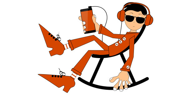 一个年轻人坐在椅子上，戴着耳机听音乐。图片下载