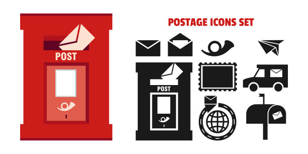 红色的邮箱和黑色的邮政服务图标被隔离在白色的背景上。邮筒扁平现代设计标志、标志、符号。矢量图图片下载