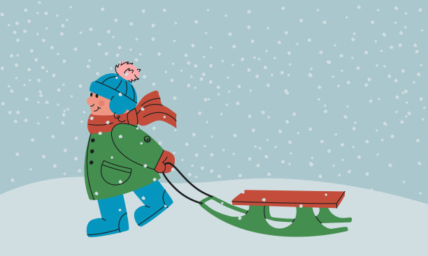 快乐的孩子带着雪橇。小男孩穿着冬天的衣服，戴着帽子和围巾。孩子在雪的冬天风景。卡通矢量插图设计。图片下载