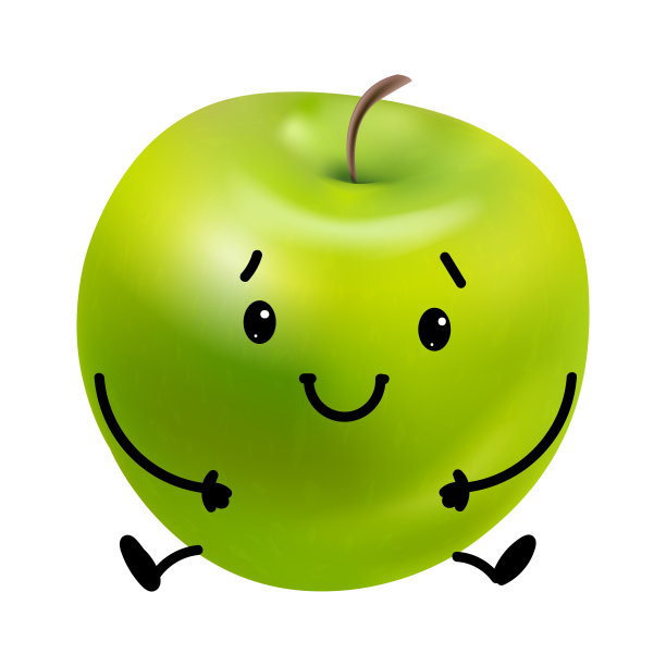可爱的卡哇伊微笑和坐在绿苹果孤立在白色背景在现实和卡通风格。图片下载