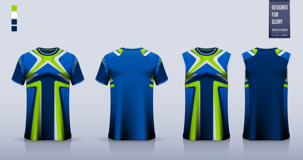 蓝色t恤运动，足球运动衫，足球装备，篮球制服，背心，和跑步singlet模型。面料图案设计。向量。图片下载