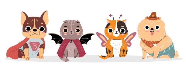 穿着万圣节服装的猫和狗。一套可爱的孤立小牛头犬，苏格兰折猫，斯皮兹。平面矢量卡通插图图片下载