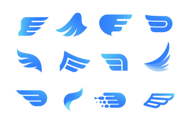 收集蓝色的翅膀标志，图标和符号。快速交付，运动和速度概念。图片下载