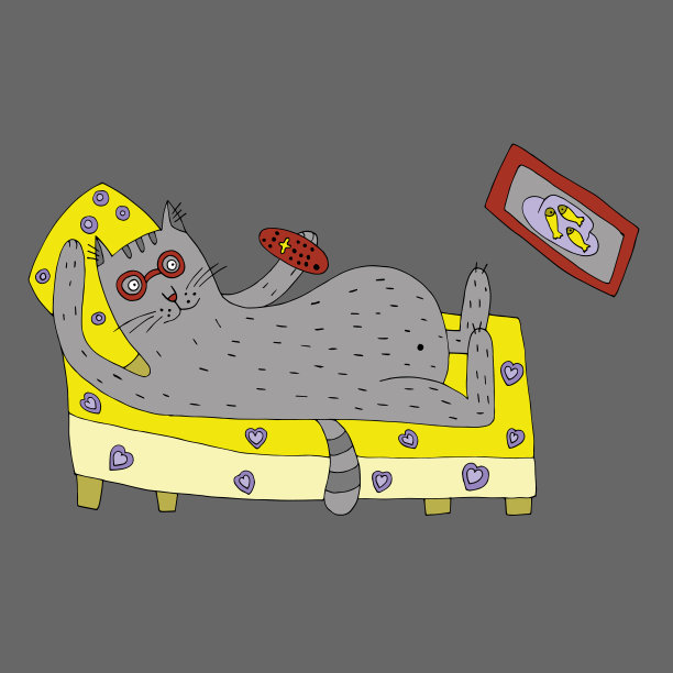 一只有趣的猫在看电视，手里拿着电视遥控器。向量图片下载