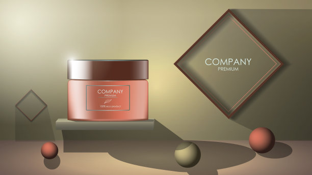 现实的霜罐与球在地板上和框架在墙壁上3d风格，横幅与复制空间为美容和皮肤护理。广告布局美容产品。矢量插图。图片下载