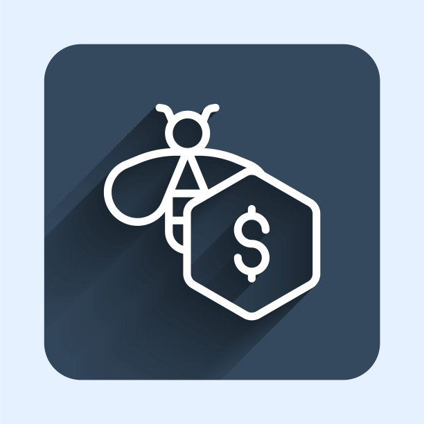 白线出售的蜜蜂图标孤立与长阴影背景。甜蜜的天然食品。有翅膀象征的蜜蜂或apis。飞行昆虫。蓝色方块按钮。向量图片下载