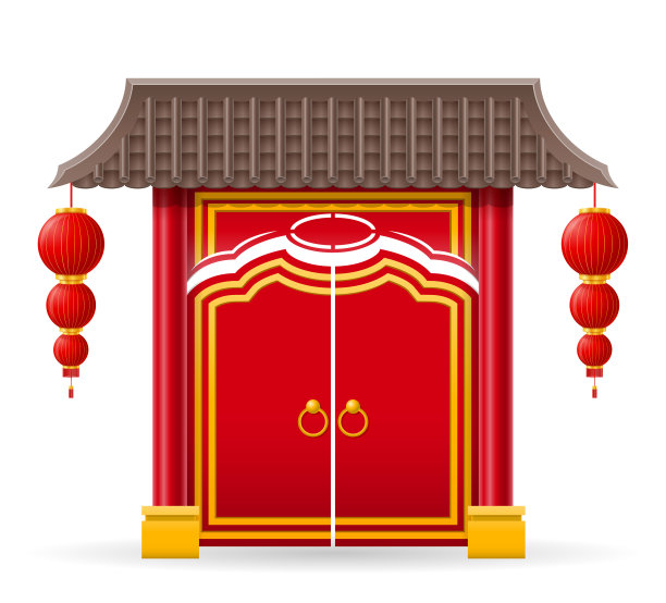 中国大门进入寺庙或宝塔与柱子和屋顶矢量插图图片下载