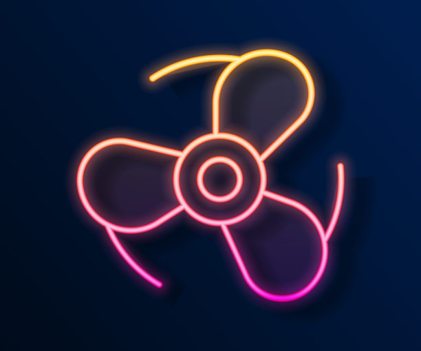 发光的霓虹灯线船螺旋桨，涡轮机图标孤立在黑色背景。向量图片下载