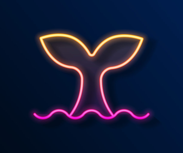 发光的霓虹灯线鲸尾在海波图标孤立在黑色背景。向量图片下载