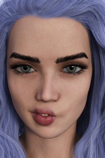 一名女子的肖像插图，淡紫色的头发咬着她的内脸颊，同时直视前方。图片下载