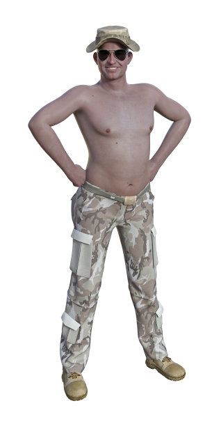 戴帽子和太阳镜的啤酒肚男士兵插画图片下载