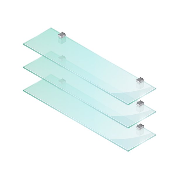 等距矢量插图空玻璃架子孤立在白色背景。逼真的透明玻璃货架图标在平面卡通风格。现代的书架。透明展板。图片下载