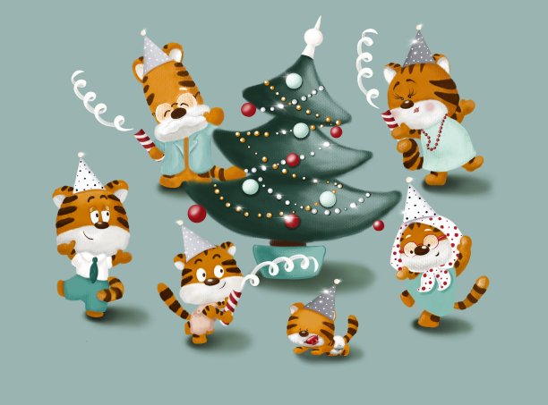 新年老虎一家围着新年树跳舞，戴着晚会锥帽，放着鞭炮图片下载