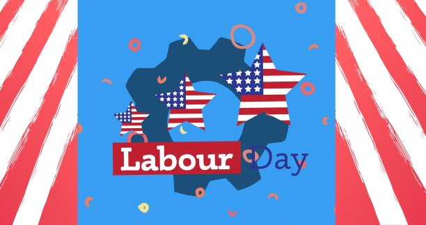 劳动节快乐文本和星形美国国旗的设置图标对红色条纹的背景图片下载