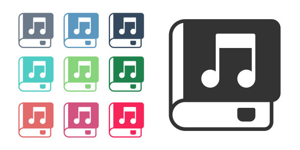 黑色音频书图标孤立在白色背景。乐谱与书本。音频引导标志。在线学习的概念。设置图标丰富多彩。向量图片下载