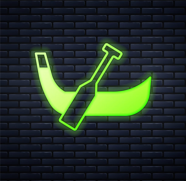 发光的霓虹灯贡多拉船意大利威尼斯图标孤立在砖墙背景。旅游划船交通浪漫。向量图片下载