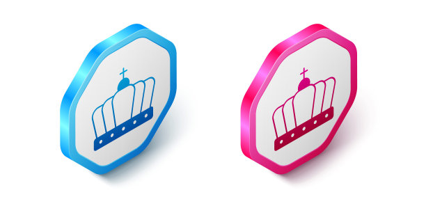 等距国王皇冠图标孤立在白色背景。六角按钮。向量图片下载