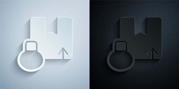 纸切纸箱纸箱图标孤立在灰色和黑色的背景。盒子，包裹，包裹签名。交付和包装。纸艺术风格。向量图片下载