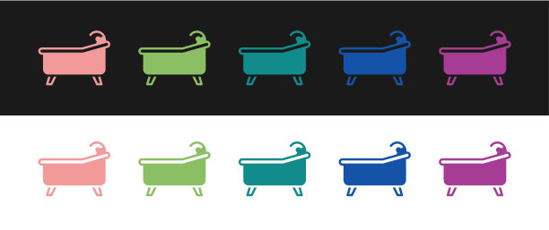 设置浴缸图标隔离在黑白背景。向量图片下载