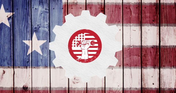 手持工具在设置图标对美国国旗的木制背景图片下载