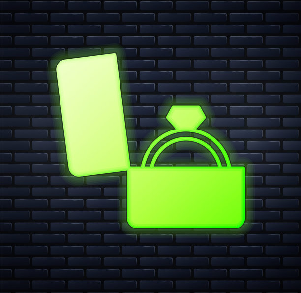 发光的霓虹灯钻石订婚戒指在一个盒子图标孤立在砖墙背景。向量图片下载