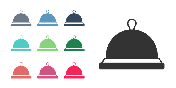 黑色覆盖的托盘食物图标孤立在白色背景。托盘和盖子的标志。餐厅钟盖。设置图标丰富多彩。向量图片下载