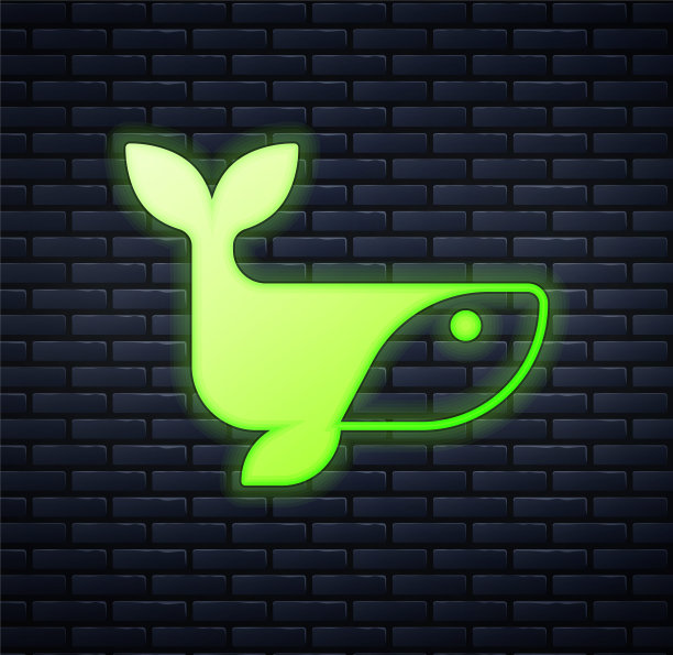 发光的霓虹灯鲸鱼图标孤立在砖墙背景。向量图片下载