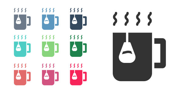 黑色茶杯与茶袋图标孤立在白色背景。设置图标丰富多彩。向量图片下载