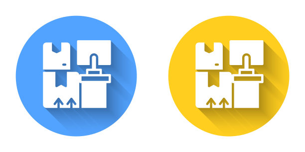 白色仓库内部与货架上的盒子图标隔离与长阴影背景。物流、货运、包裹寄存邮政服务。圆按钮。向量图片下载