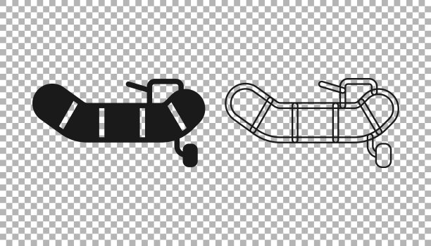 黑色充气船与舷外马达图标隔离透明背景。向量图片下载
