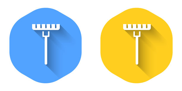 白色花园耙子图标孤立与长阴影背景。园艺、农业、耕作的工具。地面中耕机。客房服务设备。圆按钮。向量图片下载