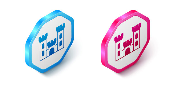 等距城堡图标孤立在白色背景。有塔的中世纪堡垒。防止敌人。城市的可靠性和防御。六角按钮。向量图片下载