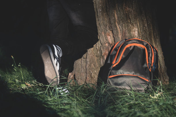 一个书包放在树下。学校的概念。图片下载