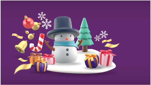 雪人周围的礼物盒，星星，铃铛，圣诞球，丝带和雪在紫色的背景。图片下载