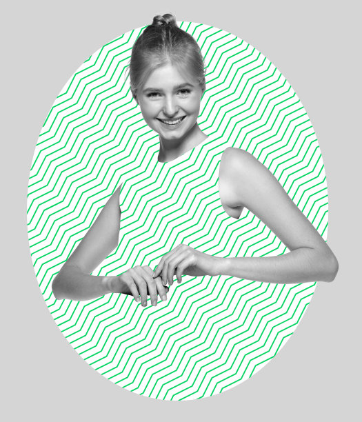 一个年轻漂亮的白人女孩的半身像在白色图案的衣服转换成背景的形象。绿色的曲折图片下载