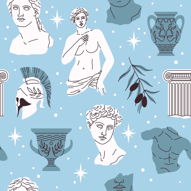 无缝图案的仿古雕像。古希腊雕塑元素，潮人时尚风格背景，橄榄枝，柱头。装饰纺织品，包装纸壁纸矢量打印图片下载