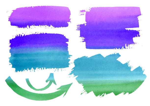 水彩箭头徒手画。设置绿色，蓝色，紫色箭头，框架，元素。信息图表、目录的背景。图片下载