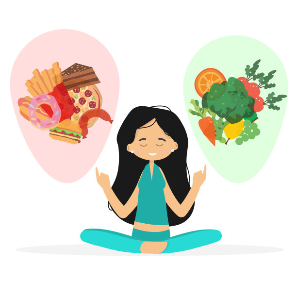 女人在健康食品和不健康食品之间做出选择。角色指出他选择有机或不健康的零食。的生活方式,食物的概念。图片下载