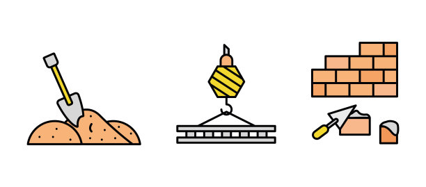 砖石，砖铲，起重机和沙铲建筑图标集。图片下载