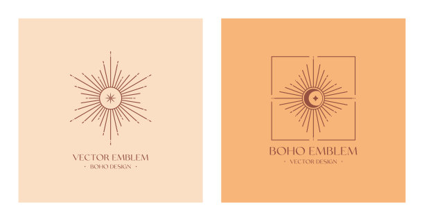 矢量波希米亚标志设计模板与太阳，新月和光线图片下载