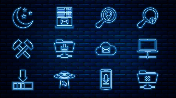 设置行FTP取消操作，计算机网络，搜索位置，文件夹下载，两把交叉锤子，月亮和星星，云邮件服务器和邮件图标。向量图片下载