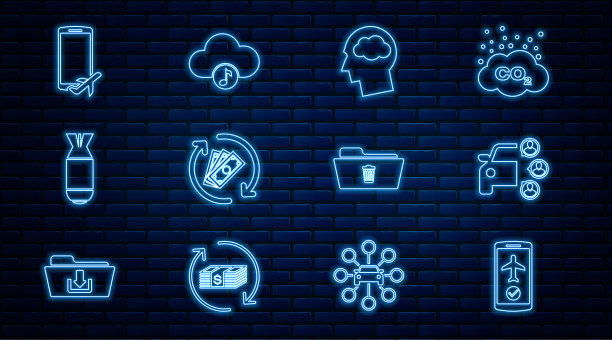 在手机中设置直线飞行模式，汽车共享，头部轮廓与云，退款，航空炸弹，删除文件夹和音乐流媒体服务图标。向量图片下载