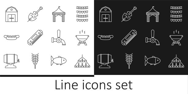 大型钢吊灯，烧烤架，野营帐篷，口琴，热狗三明治，农舍，啤酒龙头和小提琴图标。向量图片下载