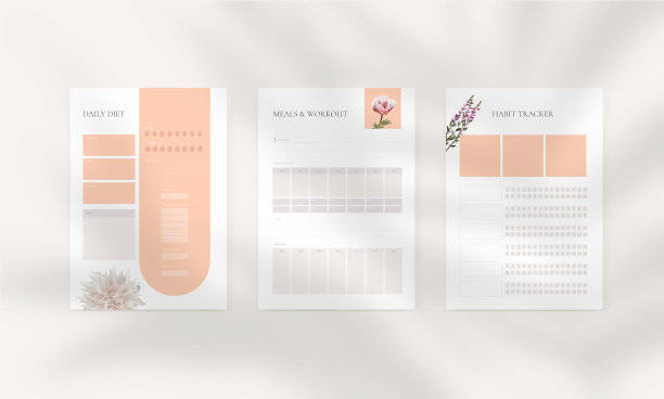 向量模板的健康习惯计划，饮食和健身计划，每日和每周计划，锻炼跟踪。矢量模板3海报，阴影覆盖包括图片下载