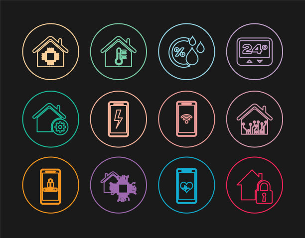 设置线路房屋受保护，智能家居，湿度，手机充电电池，设置，带有wi-fi无线和温度图标。向量图片下载