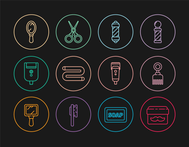 化妆品罐，发刷，经典理发店杆，毛巾，男士电动剃须刀片，手镜，电动剃须刀和剪刀。向量图片下载