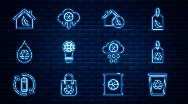 设有回收垃圾桶，标签，生态友好的房子，灯泡世界地球仪，干净的水，酸雨和放射性云和图标。向量图片下载